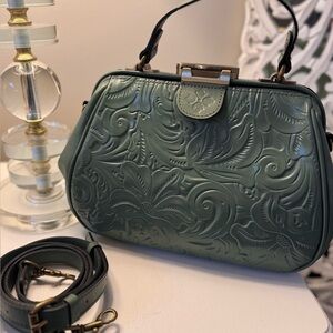 Patricia Nash Gracchi Tooled Leather Frame Satchel in the color Sage.